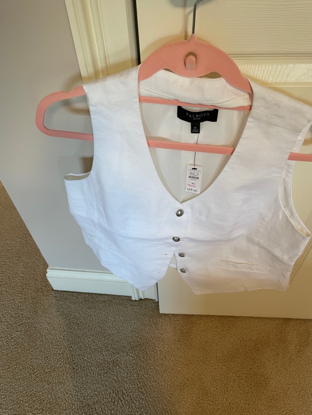 Talbots White Linen-Blend Sleeveless Vest with Silver Buttons